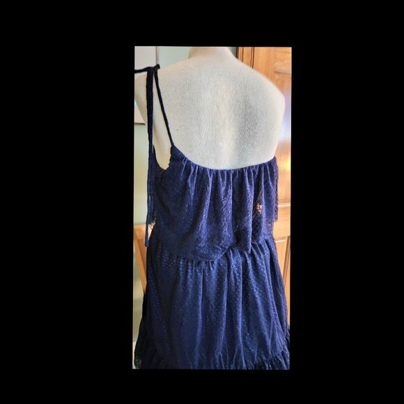 Lulu's Adorable Event Navy Blue Mesh One-Shoulder Swiss Dot Mini Dress - Picture 9 of 15